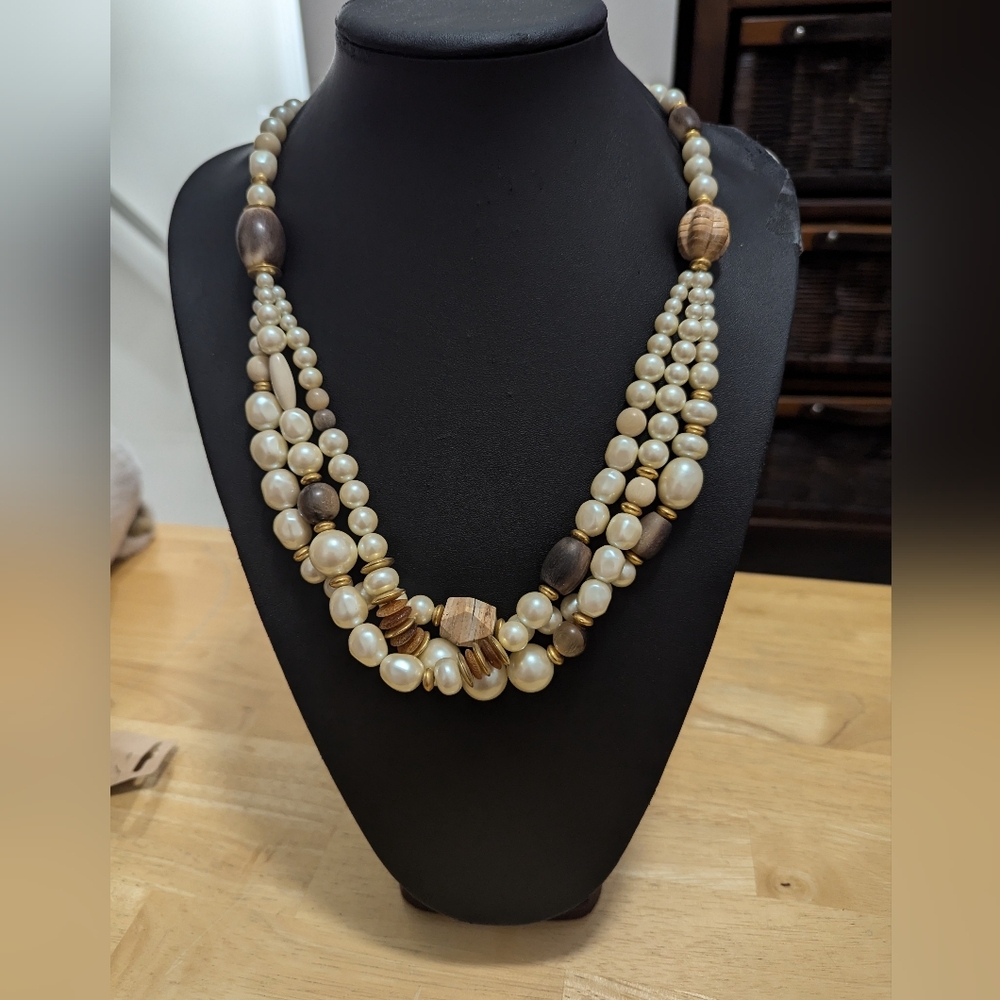 Vintage faux pearl and wooden bead necklace.  3 tiered on bottom. EUC.